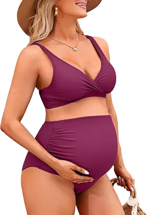 Charmo High Waisted Maternity Swimsuit Bikini Set V Neck Pregnancy Bathing Suits Push Up Two Piece Swimwear