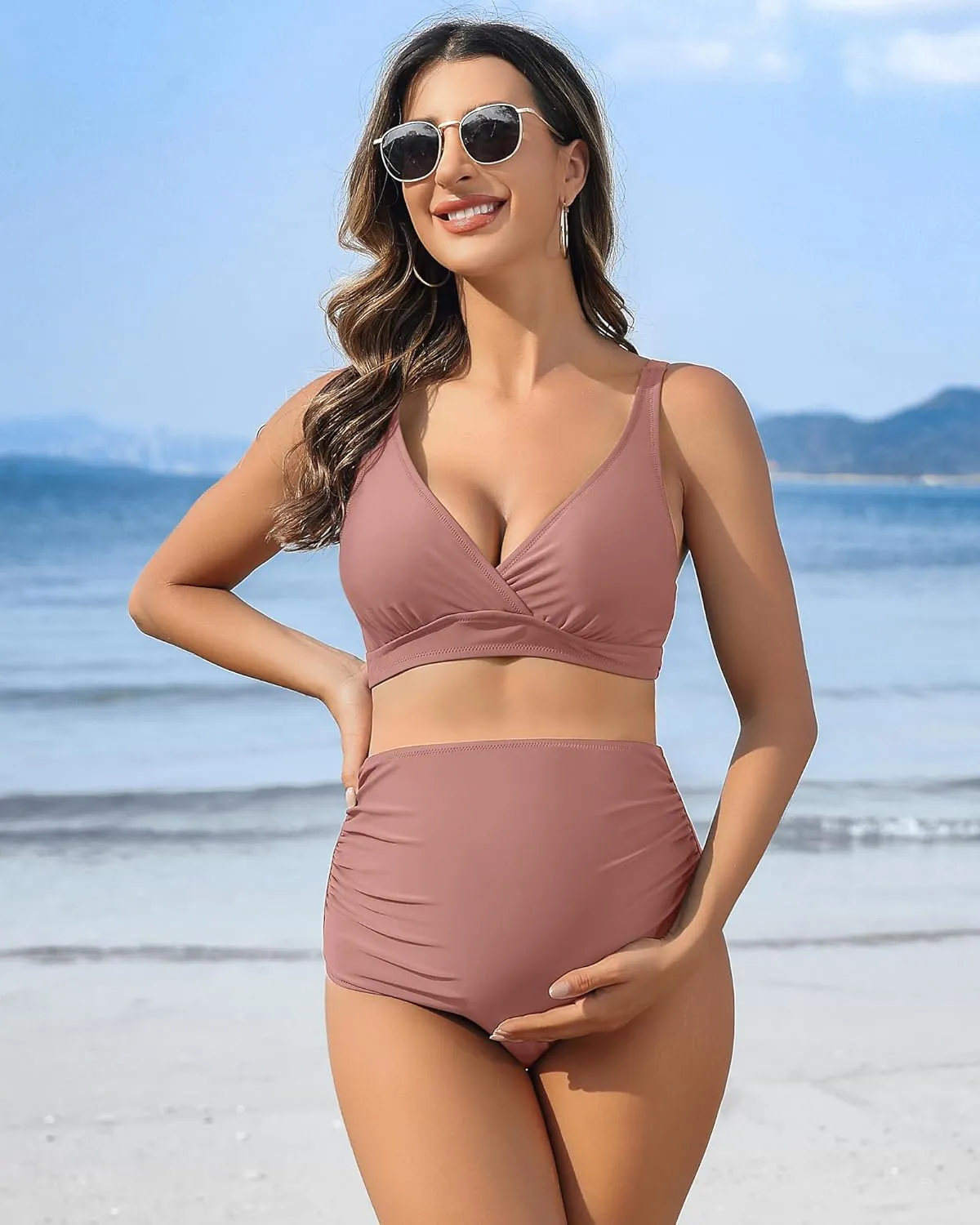 Charmo High Waisted Maternity Swimsuit Bikini Set V Neck Pregnancy Bathing Suits Push Up Two Piece Swimwear