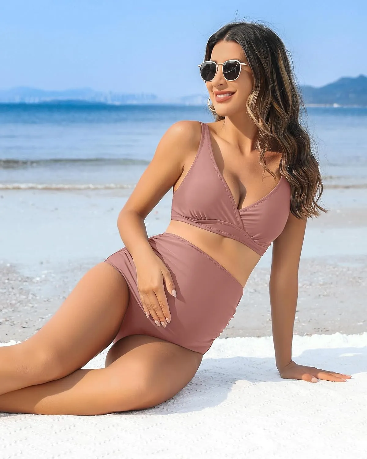 Charmo High Waisted Maternity Swimsuit Bikini Set V Neck Pregnancy Bathing Suits Push Up Two Piece Swimwear