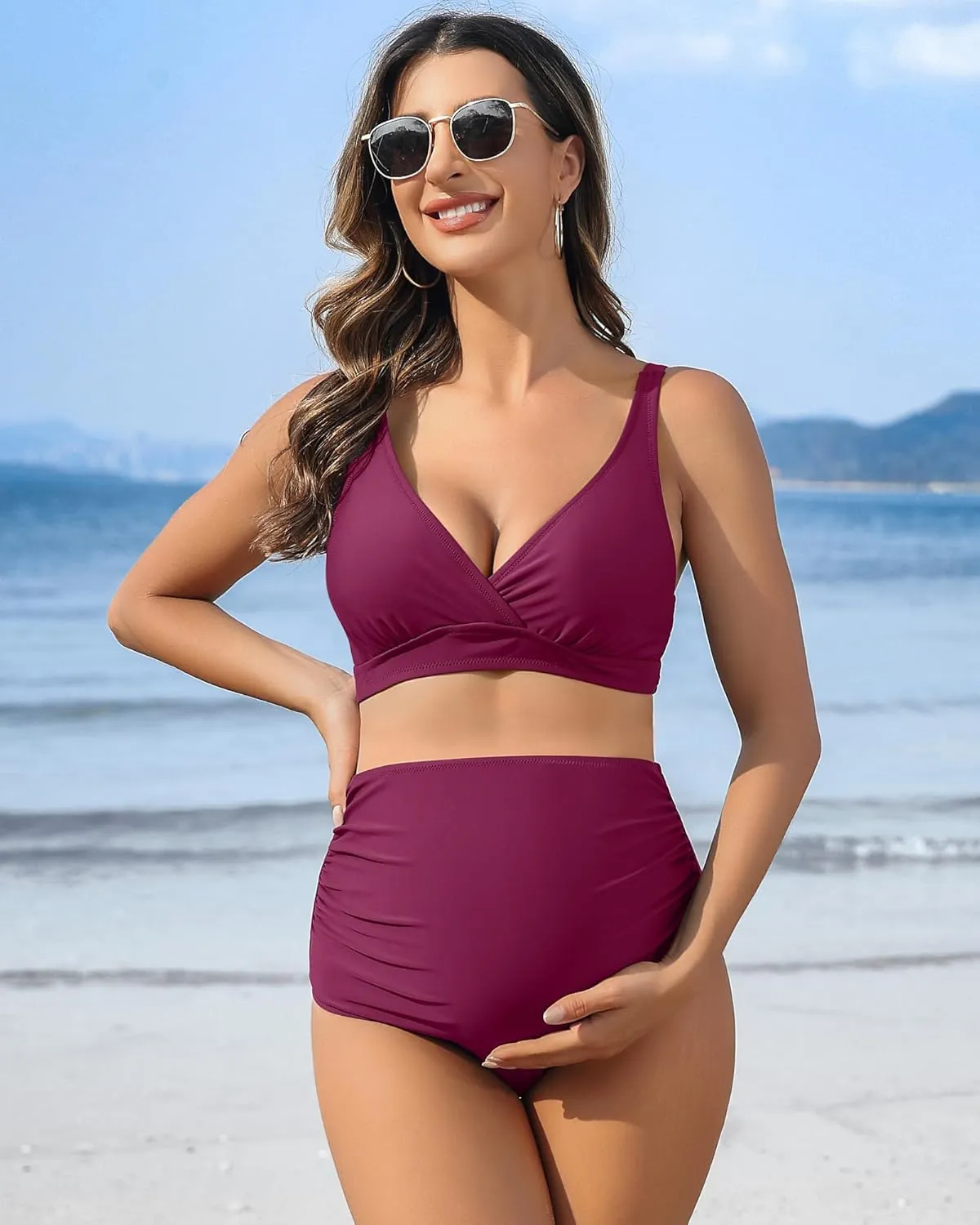 Charmo High Waisted Maternity Swimsuit Bikini Set V Neck Pregnancy Bathing Suits Push Up Two Piece Swimwear