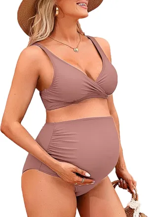 Charmo High Waisted Maternity Swimsuit Bikini Set V Neck Pregnancy Bathing Suits Push Up Two Piece Swimwear