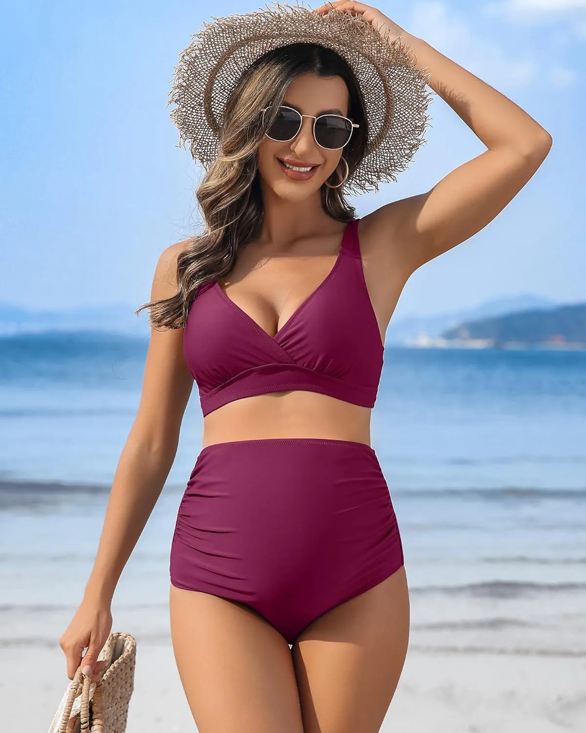 Charmo High Waisted Maternity Swimsuit Bikini Set V Neck Pregnancy Bathing Suits Push Up Two Piece Swimwear