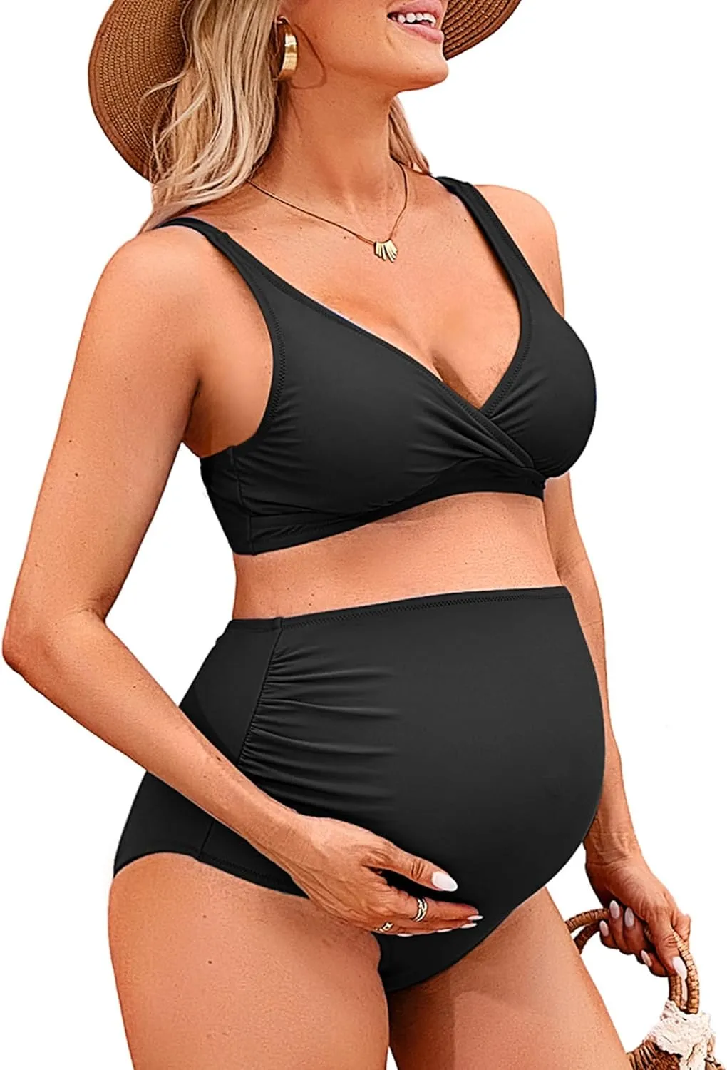 Charmo High Waisted Maternity Swimsuit Bikini Set V Neck Pregnancy Bathing Suits Push Up Two Piece Swimwear