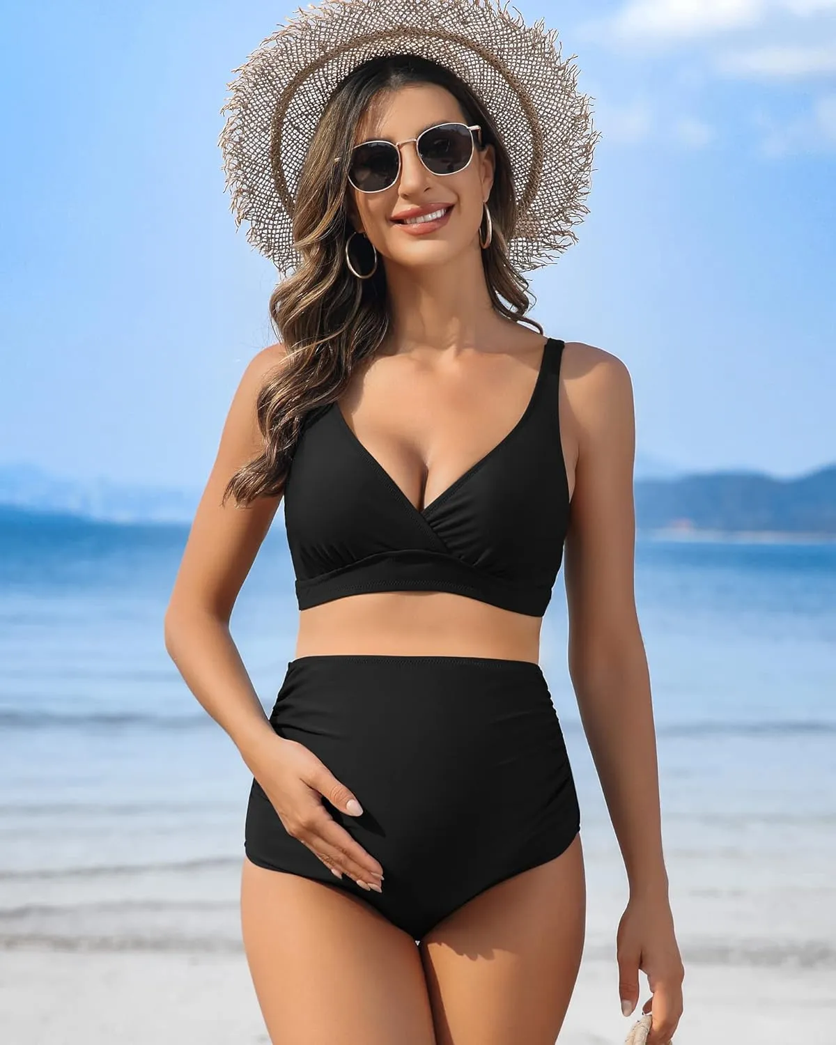 Charmo High Waisted Maternity Swimsuit Bikini Set V Neck Pregnancy Bathing Suits Push Up Two Piece Swimwear
