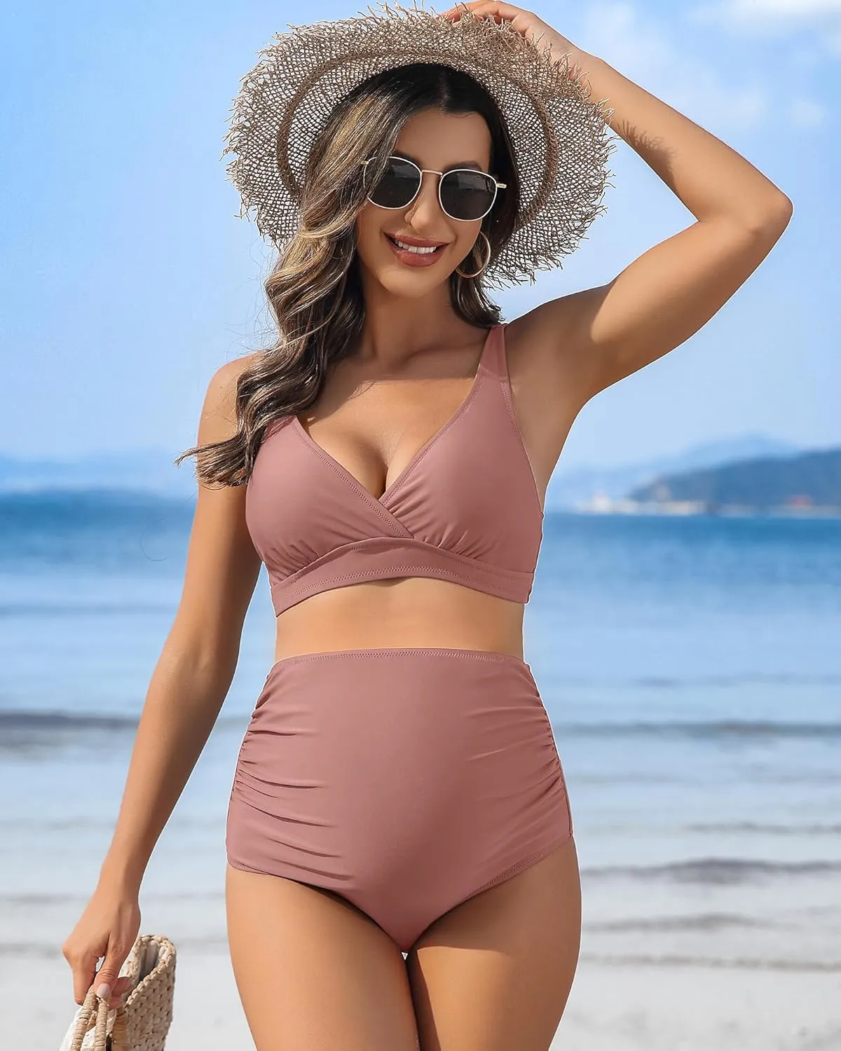 Charmo High Waisted Maternity Swimsuit Bikini Set V Neck Pregnancy Bathing Suits Push Up Two Piece Swimwear