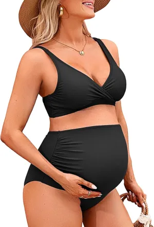 Charmo High Waisted Maternity Swimsuit Bikini Set V Neck Pregnancy Bathing Suits Push Up Two Piece Swimwear