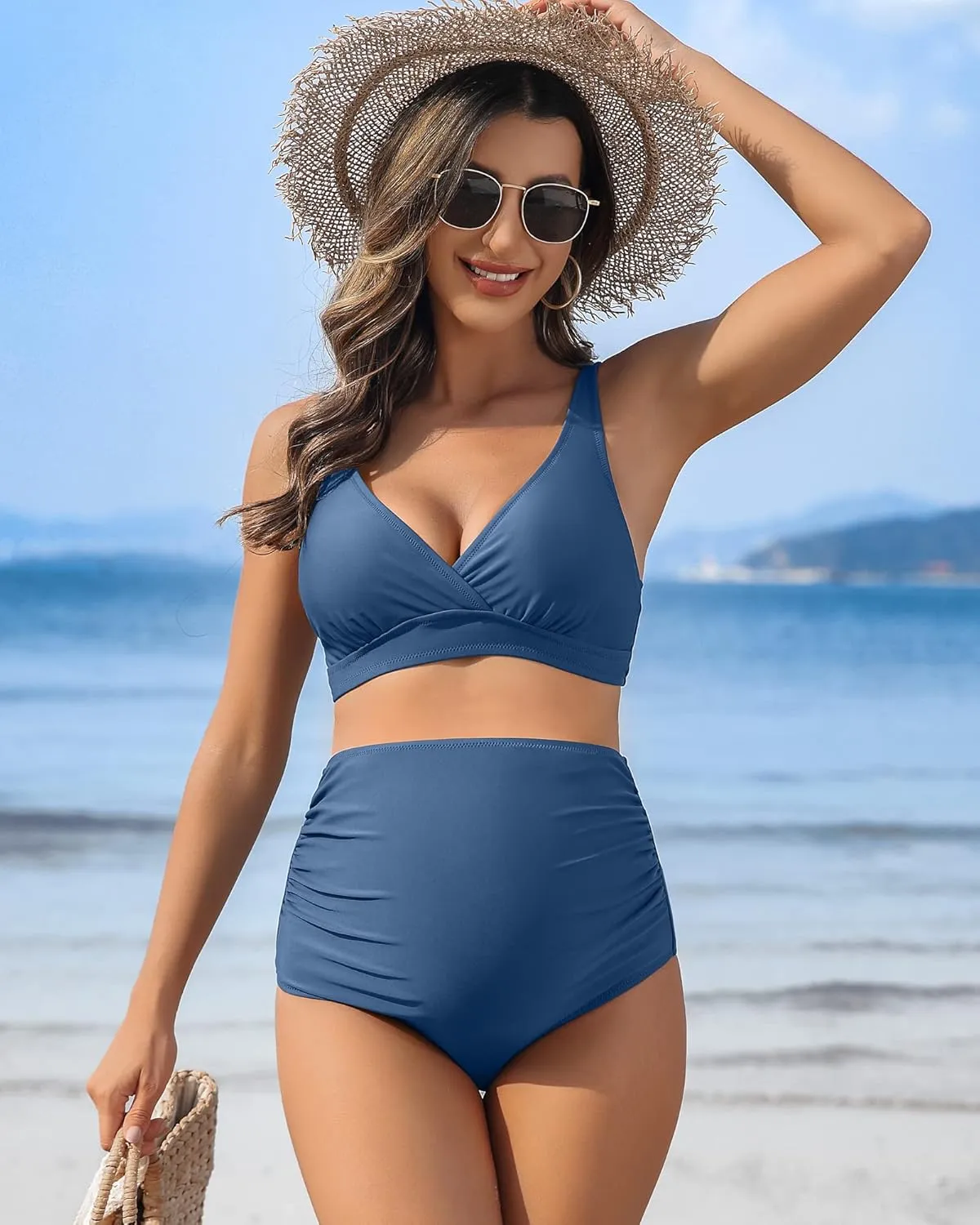 Charmo High Waisted Maternity Swimsuit Bikini Set V Neck Pregnancy Bathing Suits Push Up Two Piece Swimwear