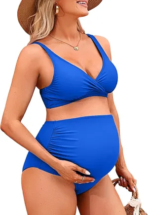 Charmo High Waisted Maternity Swimsuit Bikini Set V Neck Pregnancy Bathing Suits Push Up Two Piece Swimwear