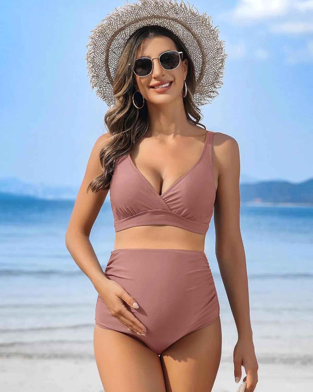 Charmo High Waisted Maternity Swimsuit Bikini Set V Neck Pregnancy Bathing Suits Push Up Two Piece Swimwear