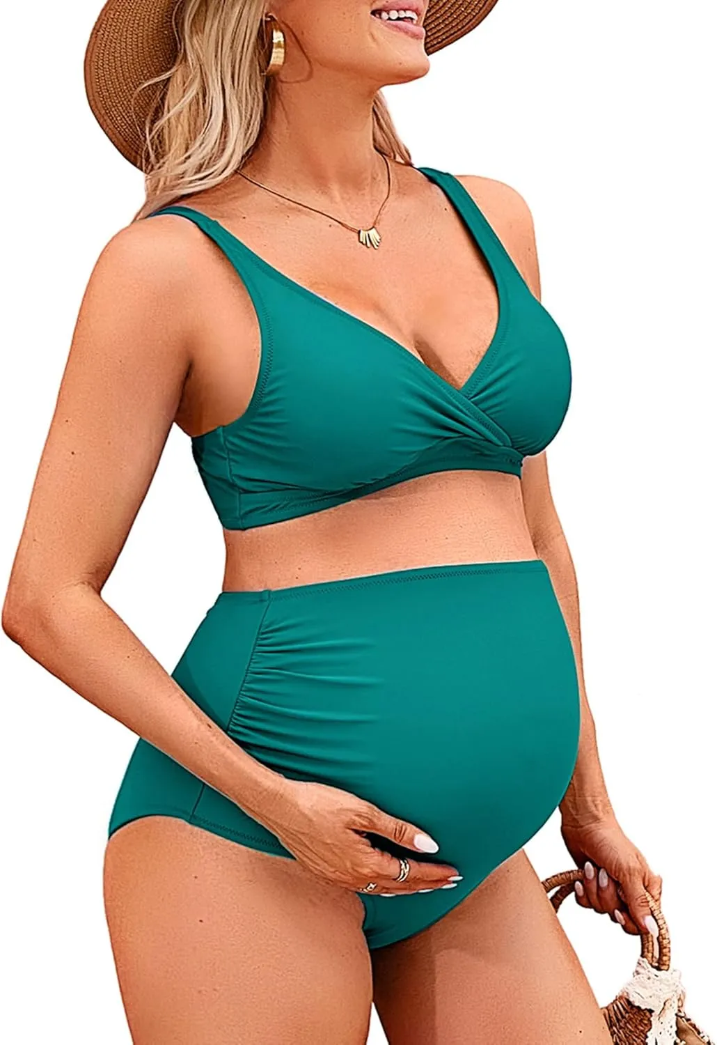 Charmo High Waisted Maternity Swimsuit Bikini Set V Neck Pregnancy Bathing Suits Push Up Two Piece Swimwear