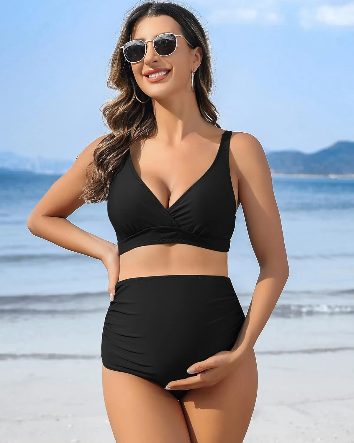 Charmo High Waisted Maternity Swimsuit Bikini Set V Neck Pregnancy Bathing Suits Push Up Two Piece Swimwear