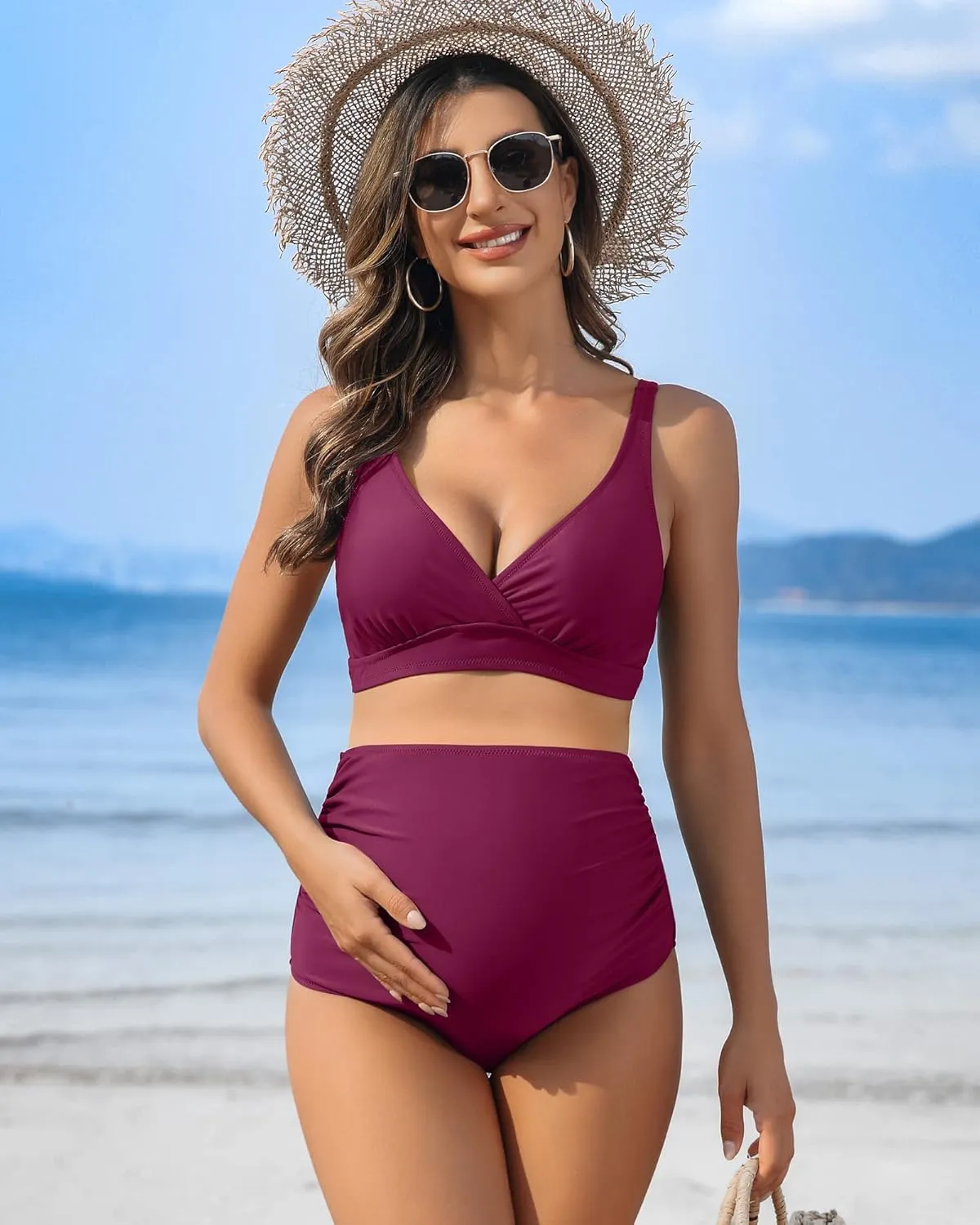 Charmo High Waisted Maternity Swimsuit Bikini Set V Neck Pregnancy Bathing Suits Push Up Two Piece Swimwear