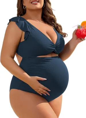 Charmo Ruffle Ribbed Maternity Swimsuit One Piece High Waisted Pregnancy Bathing Suits Push Up Swimwear