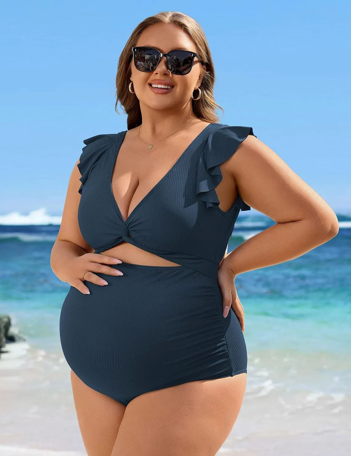 Charmo Ruffle Ribbed Maternity Swimsuit One Piece High Waisted Pregnancy Bathing Suits Push Up Swimwear