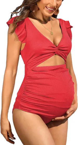 Charmo Ruffle Ribbed Maternity Swimsuit One Piece High Waisted Pregnancy Bathing Suits Push Up Swimwear
