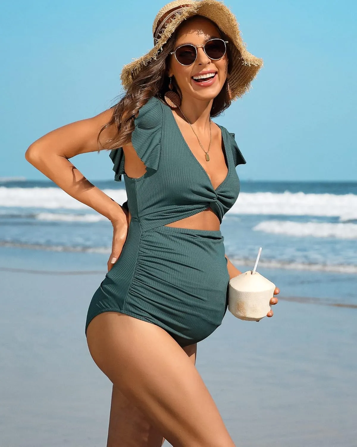 Charmo Ruffle Ribbed Maternity Swimsuit One Piece High Waisted Pregnancy Bathing Suits Push Up Swimwear