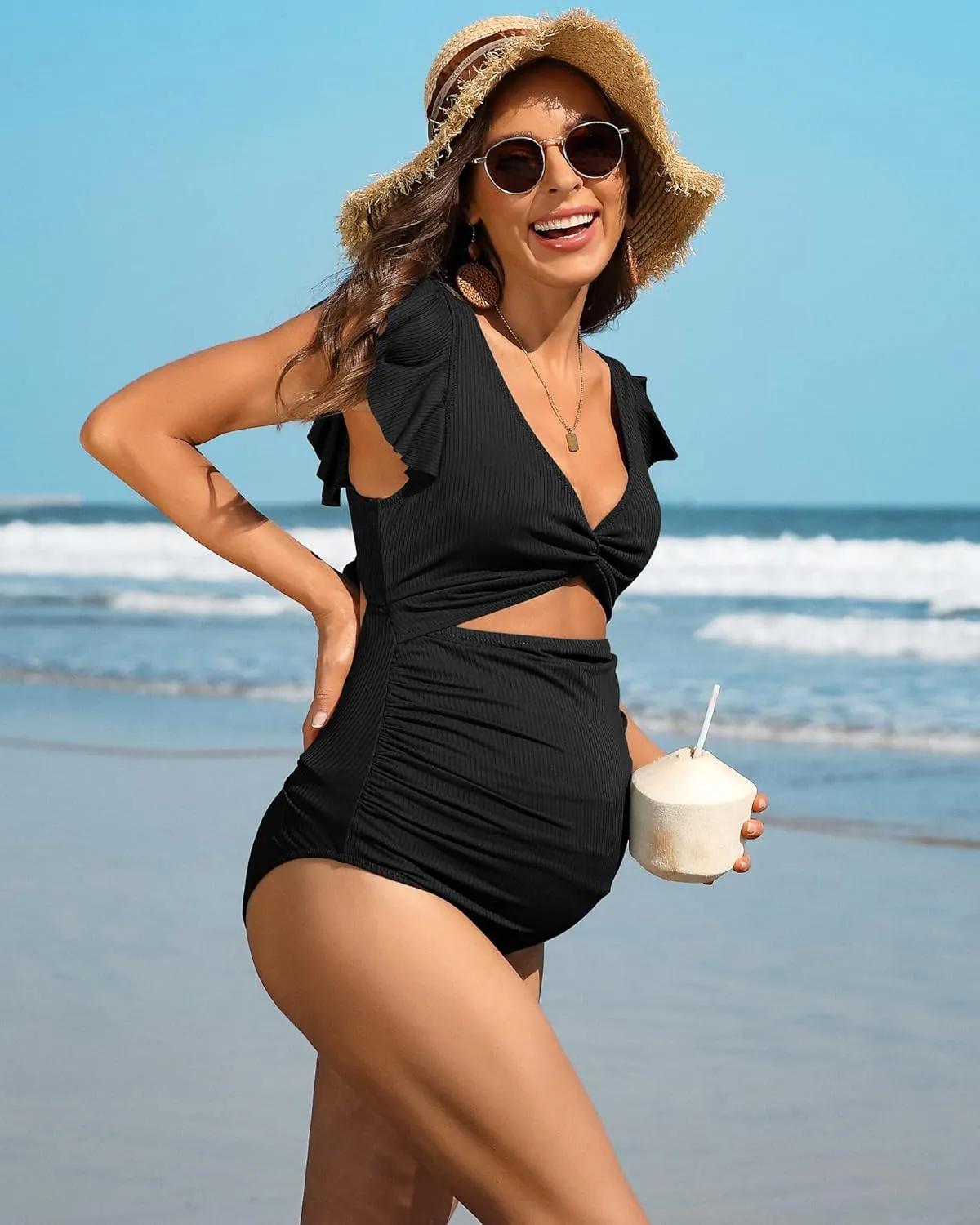 Charmo Ruffle Ribbed Maternity Swimsuit One Piece High Waisted Pregnancy Bathing Suits Push Up Swimwear