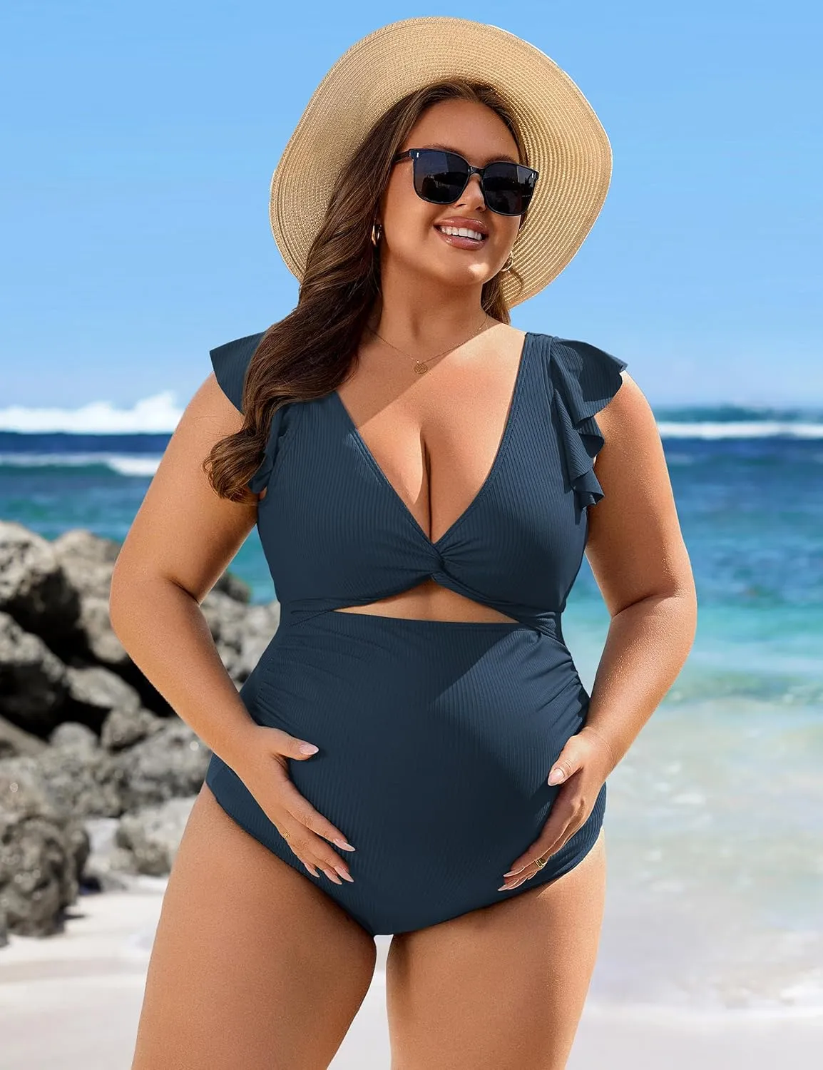 Charmo Ruffle Ribbed Maternity Swimsuit One Piece High Waisted Pregnancy Bathing Suits Push Up Swimwear