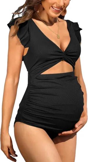 Charmo Ruffle Ribbed Maternity Swimsuit One Piece High Waisted Pregnancy Bathing Suits Push Up Swimwear