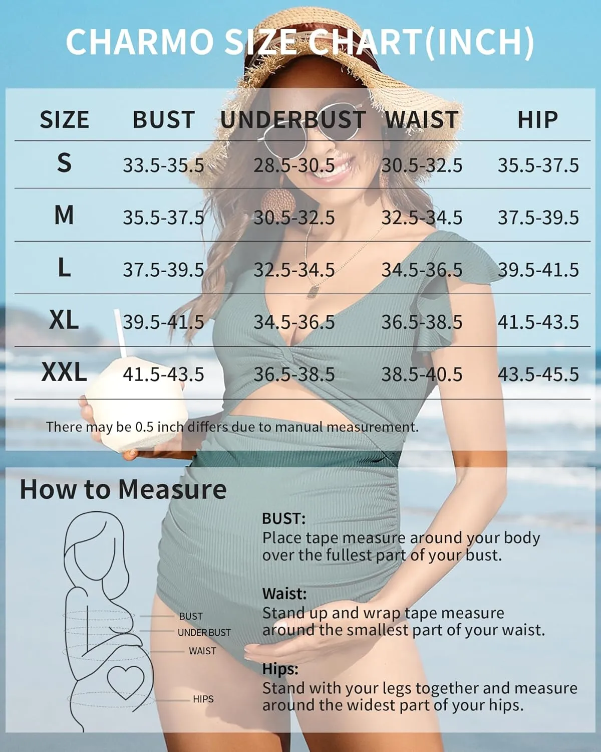Charmo Ruffle Ribbed Maternity Swimsuit One Piece High Waisted Pregnancy Bathing Suits Push Up Swimwear