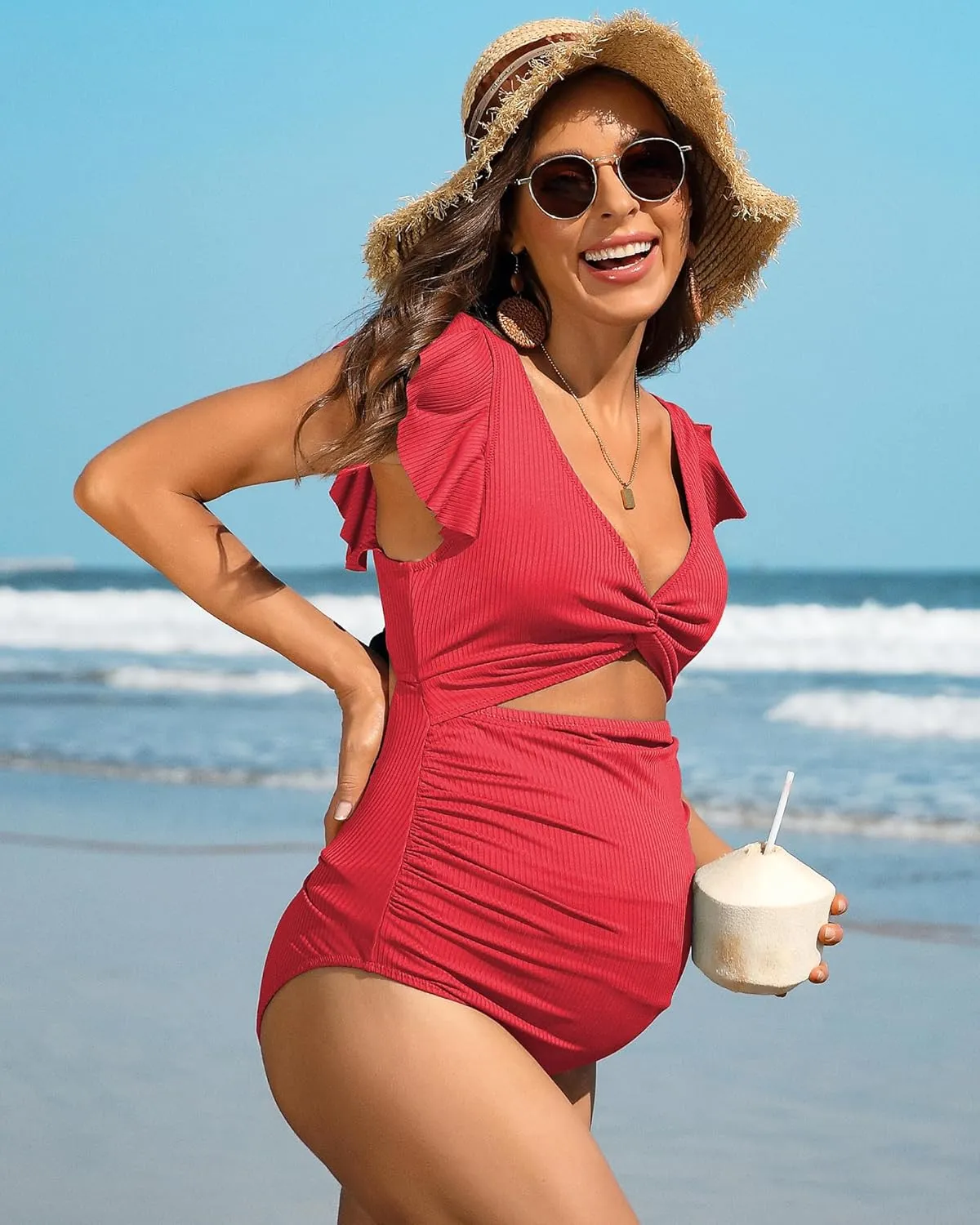 Charmo Ruffle Ribbed Maternity Swimsuit One Piece High Waisted Pregnancy Bathing Suits Push Up Swimwear
