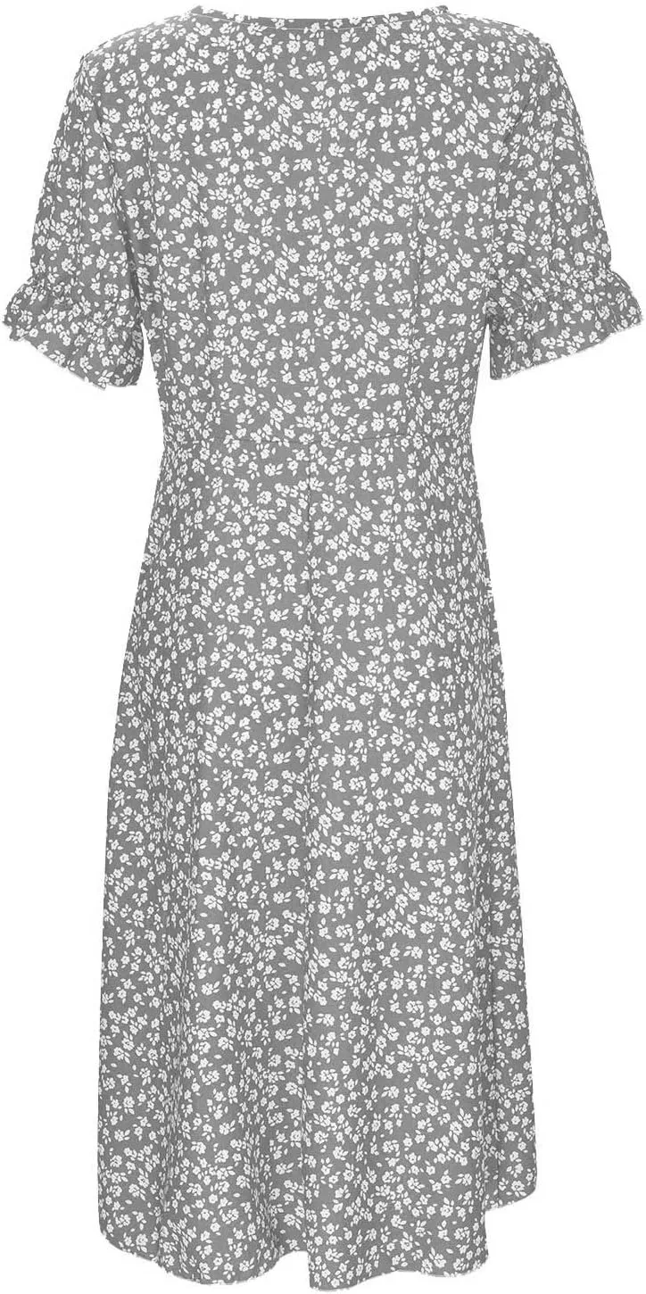 Chiffon Dresses for Women Summer Bohemian Button Side Ruffle Short Sleeve Wrap Resort Dresses Work Flowy Beachy Outfits