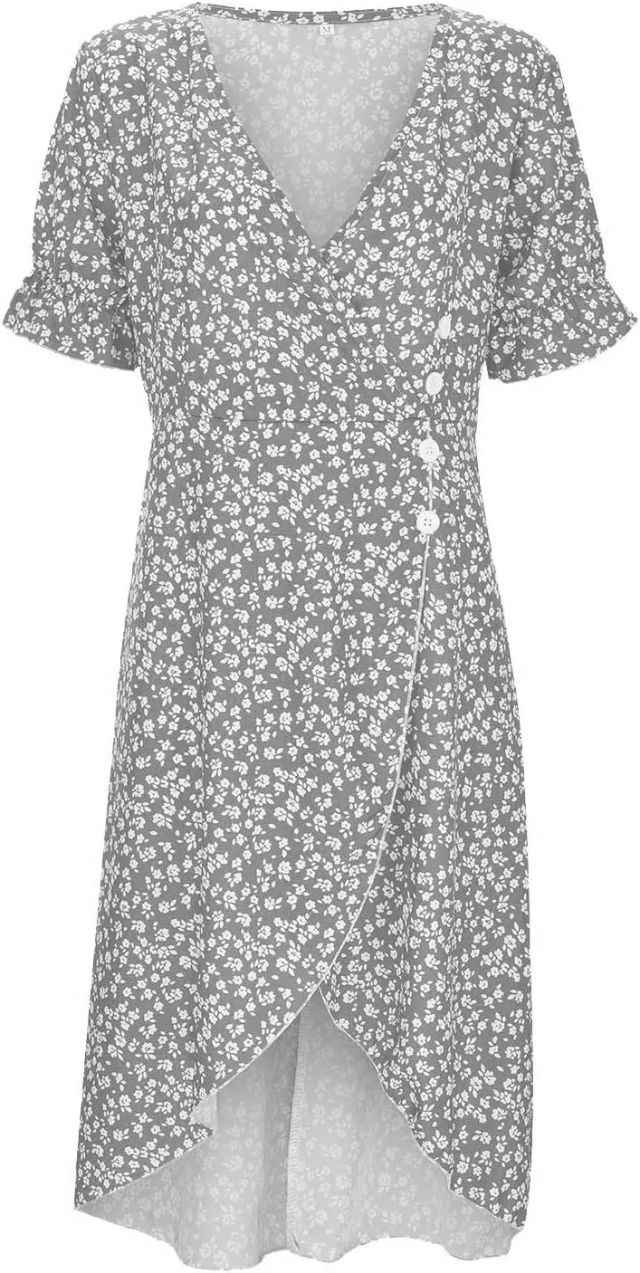 Chiffon Dresses for Women Summer Bohemian Button Side Ruffle Short Sleeve Wrap Resort Dresses Work Flowy Beachy Outfits