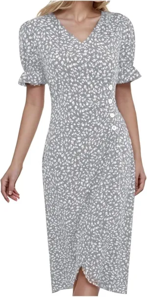 Chiffon Dresses for Women Summer Bohemian Button Side Ruffle Short Sleeve Wrap Resort Dresses Work Flowy Beachy Outfits