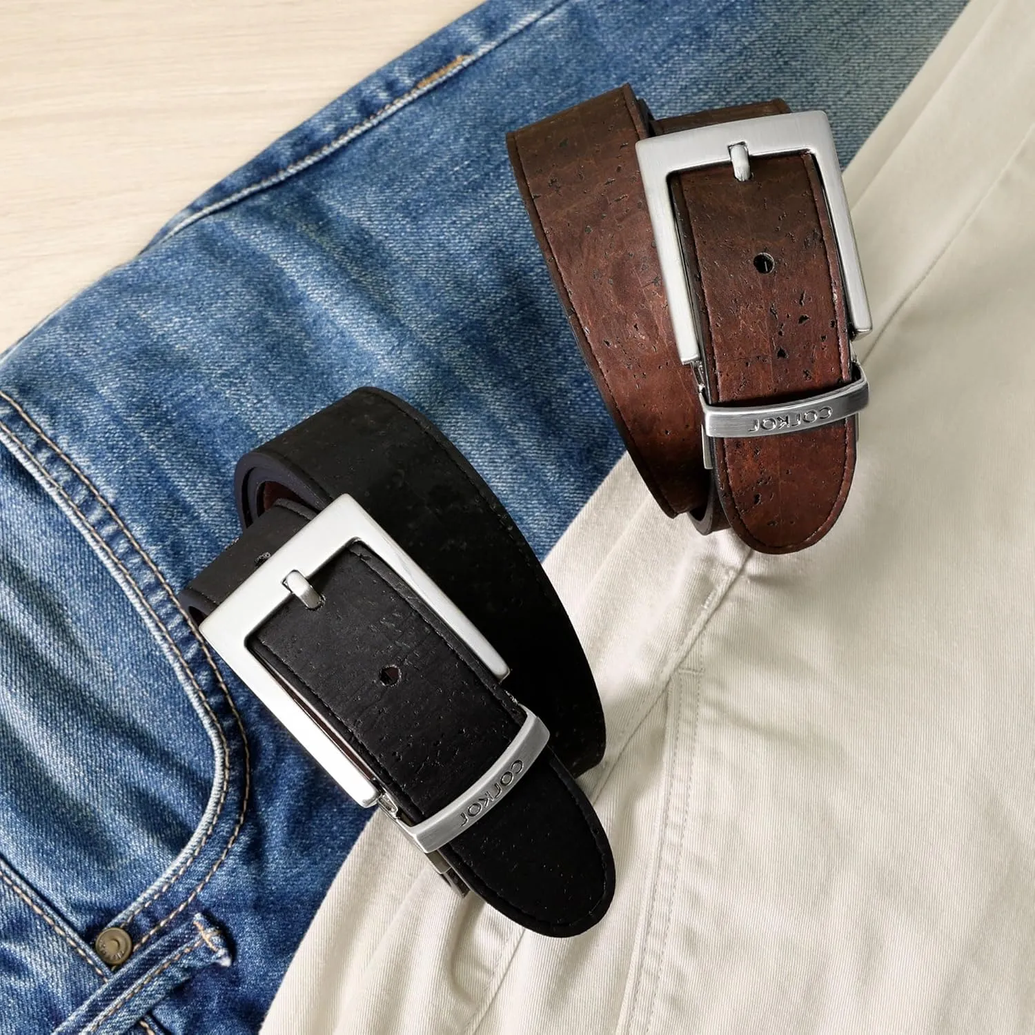Cork Reversible Vegan Belt – Adjustable 1.37-Inch Wide Men's Dress & Casual Belt – Black & Brown, Water-Resistant