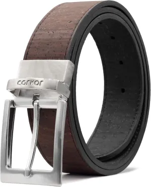 Cork Reversible Vegan Belt – Adjustable 1.37-Inch Wide Men's Dress & Casual Belt – Black & Brown, Water-Resistant