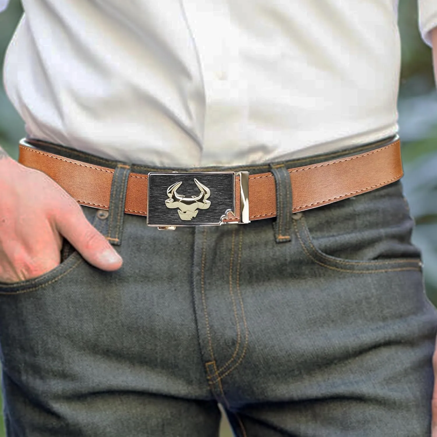 Cowboy Belt for Men Leather Ratchet Dress Belts for Jeans Adjustable Belt for Men