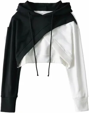 Crop Hoodies for Women Long Sleeve Color Block Super Cropped Pullover Sweatshirt Tops