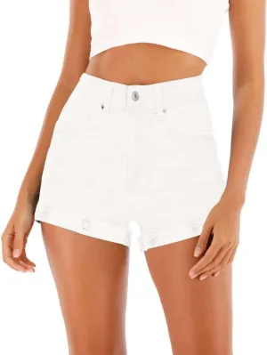 Cuihur Women's Casual High Waisted Stretchy Denim Shorts Ripped Folded Hem Jeans Shorts