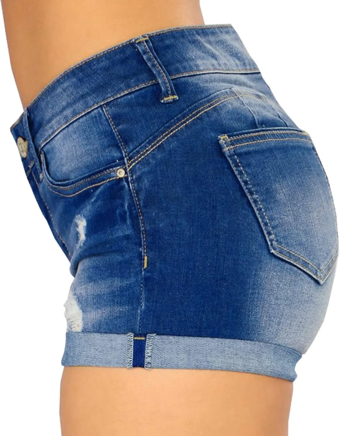 Denim Shorts for Women Mid-High Waisted Ripped Denim Jean Shorts Frayed Hem Stretchy Summer Hot Short Pants