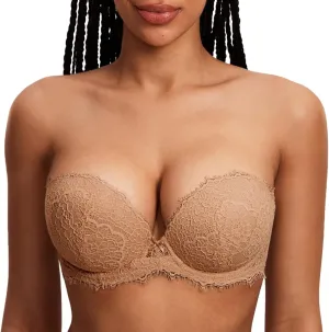 DOBREVA Women's Strapless Push Up Bra Lace Plus Size Plunge Padded Underwire Bras Add 1 Cup