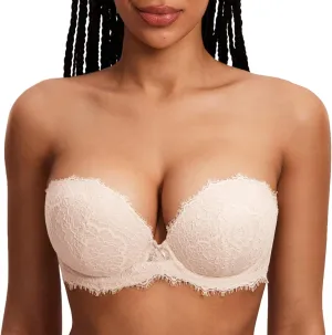 DOBREVA Women's Strapless Push Up Bra Lace Plus Size Plunge Padded Underwire Bras Add 1 Cup