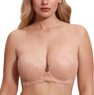 DOBREVA Women's Strapless Push Up Bra Lace Plus Size Plunge Padded Underwire Bras Add 1 Cup