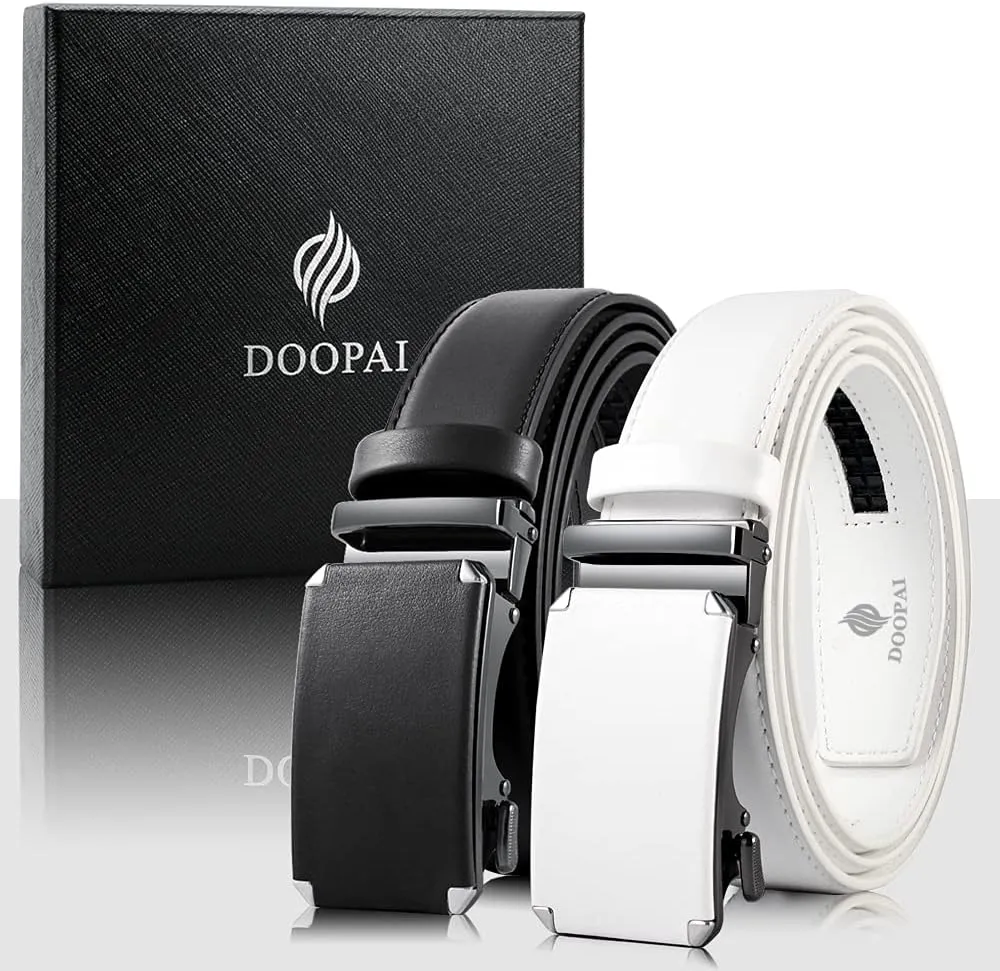 DOOPAI Men's 2 Pack Ratchet Dress Belt - Adjustable 1 3/8" Genuine Leather, Size Length Can Be Cut, With Gift Box