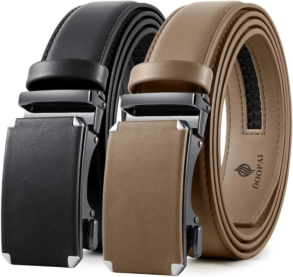 DOOPAI Mens Belt, 2 Pack Ratchet Belt Dress with 1 3/8" Genuine Leather, Slide Belt with Easier Adjustable Buckle, Trim to Fit