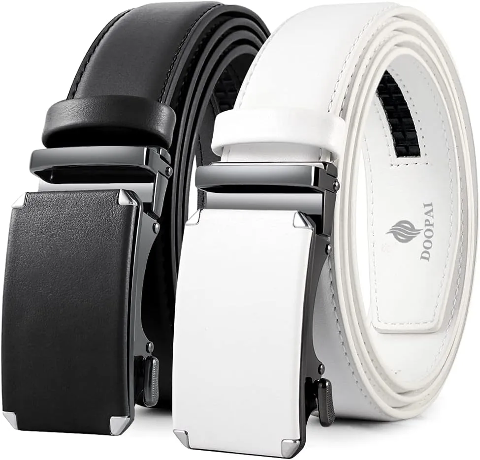 DOOPAI Mens Belt, 2 Pack Ratchet Belt Dress with 1 3/8" Genuine Leather, Slide Belt with Easier Adjustable Buckle, Trim to Fit