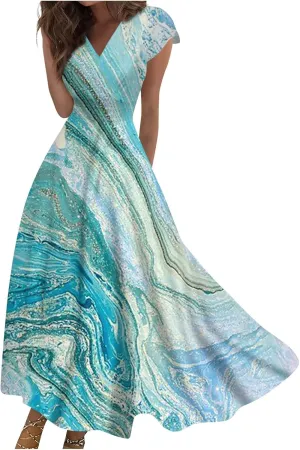 Dresses for Women 2024 Summer Floral Print Sundresses Short Sleeves Wrap V Neck Maxi Dress Elegant Flowy Beach Dress