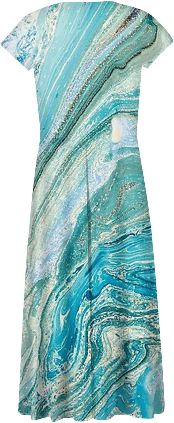 Dresses for Women 2024 Summer Floral Print Sundresses Short Sleeves Wrap V Neck Maxi Dress Elegant Flowy Beach Dress