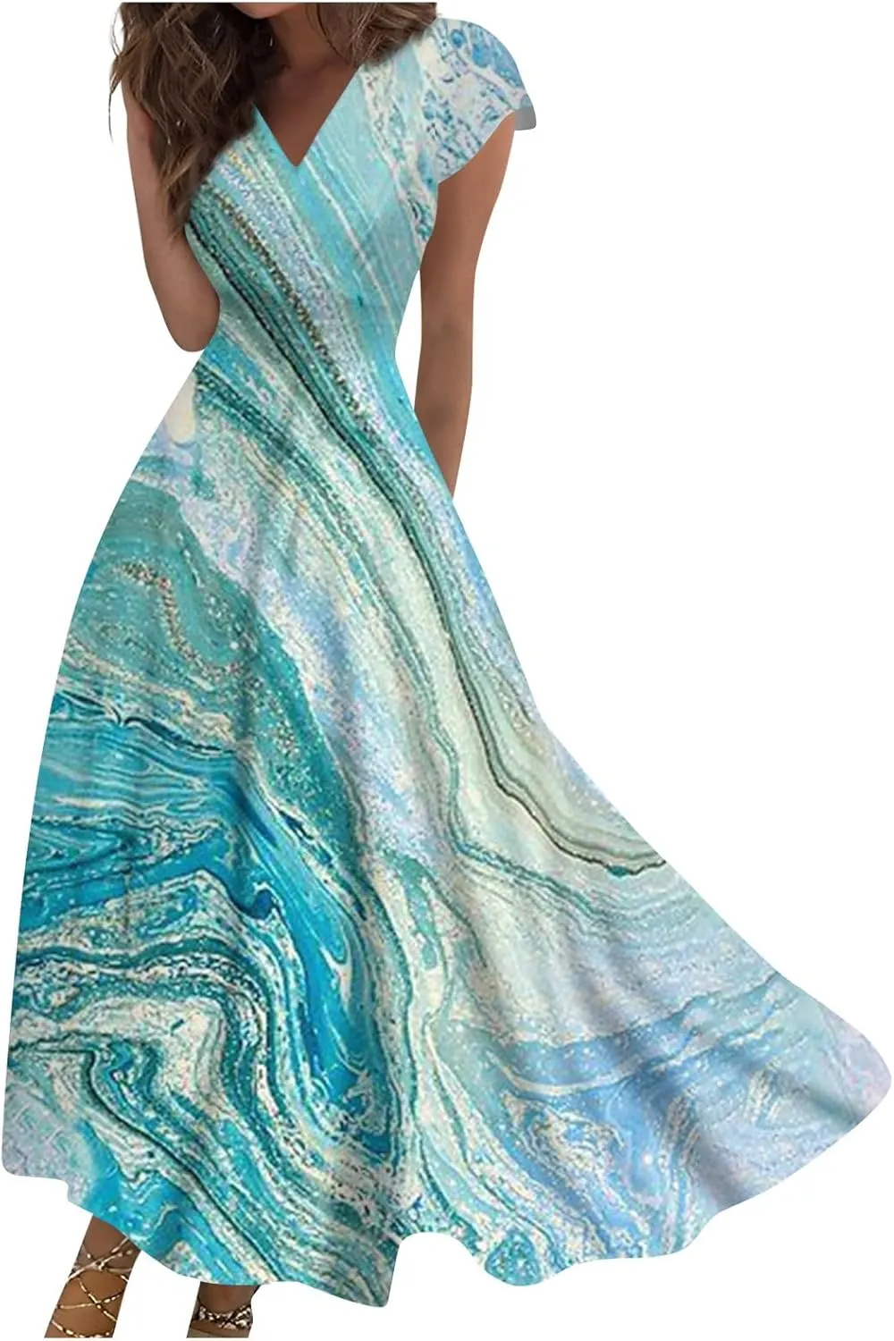 Dresses for Women 2024 Summer Floral Print Sundresses Short Sleeves Wrap V Neck Maxi Dress Elegant Flowy Beach Dress