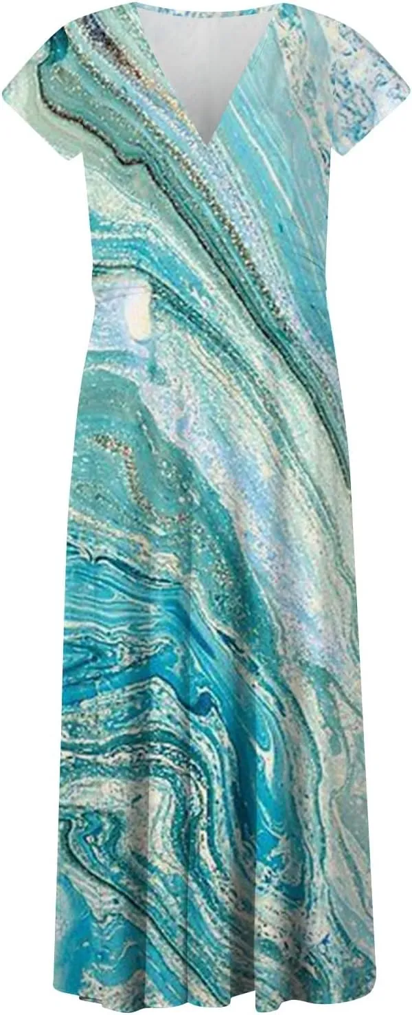 Dresses for Women 2024 Summer Floral Print Sundresses Short Sleeves Wrap V Neck Maxi Dress Elegant Flowy Beach Dress