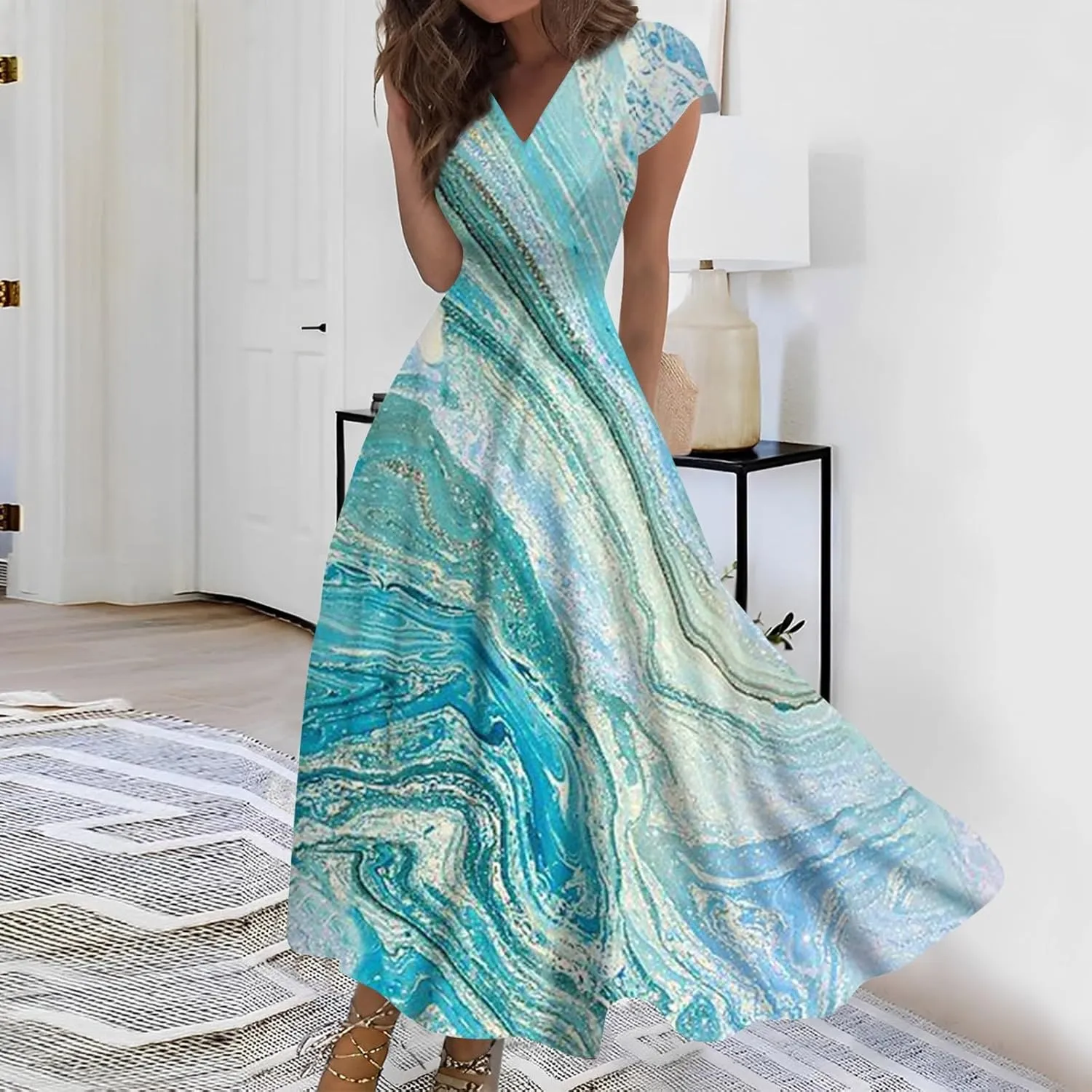 Dresses for Women 2024 Summer Floral Print Sundresses Short Sleeves Wrap V Neck Maxi Dress Elegant Flowy Beach Dress