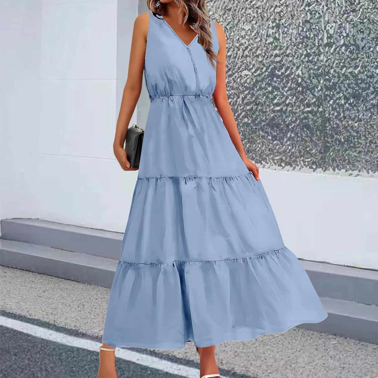 Dresses for Women 2025 Casual V Neck Sleeveless Maxi Dress Summer Beach Tiered Long Dresses Trendy Boho Sundresses