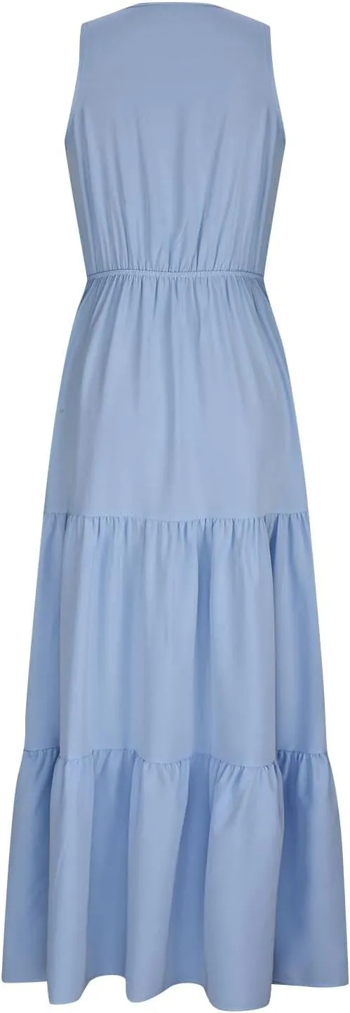 Dresses for Women 2025 Casual V Neck Sleeveless Maxi Dress Summer Beach Tiered Long Dresses Trendy Boho Sundresses