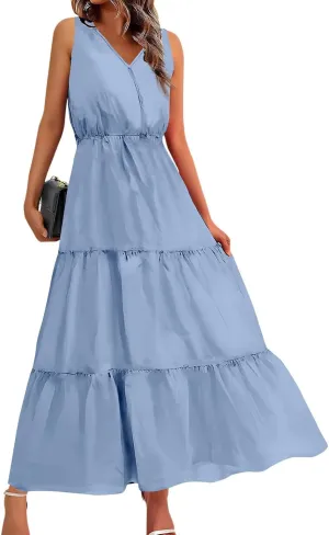 Dresses for Women 2025 Casual V Neck Sleeveless Maxi Dress Summer Beach Tiered Long Dresses Trendy Boho Sundresses
