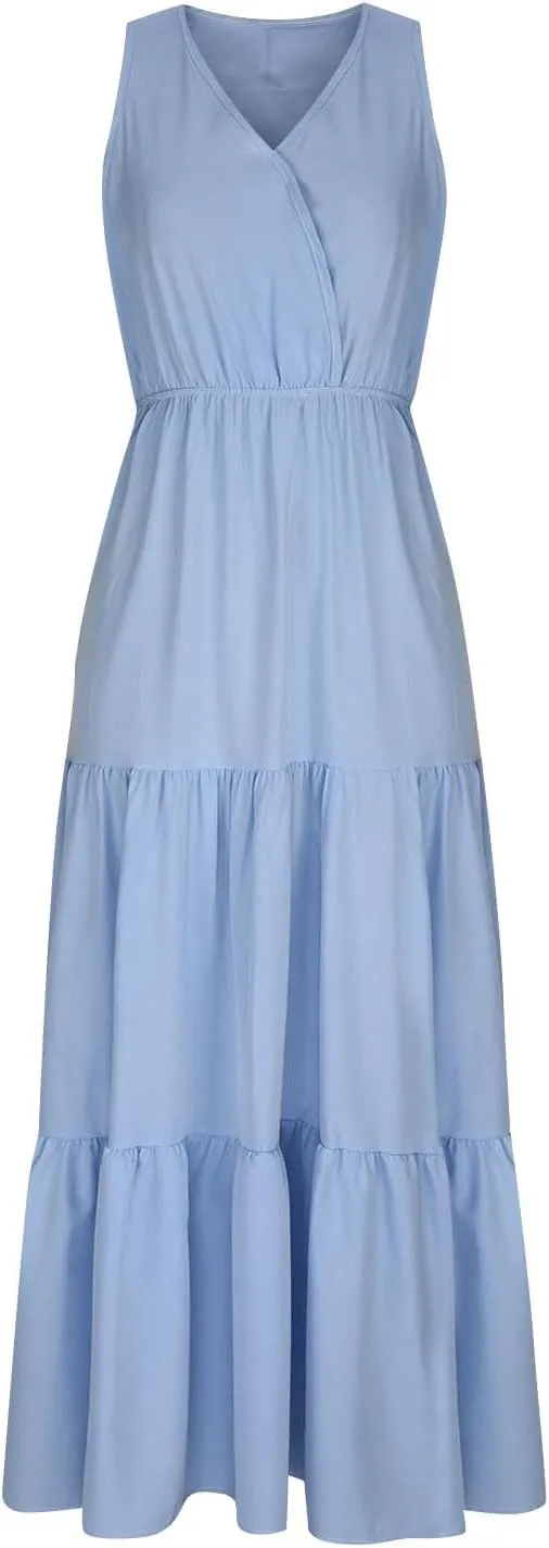 Dresses for Women 2025 Casual V Neck Sleeveless Maxi Dress Summer Beach Tiered Long Dresses Trendy Boho Sundresses