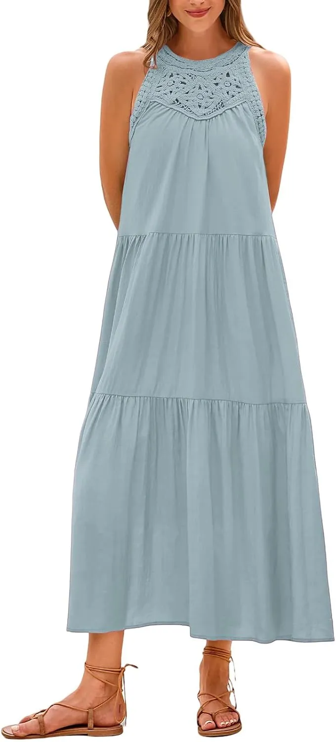 Dresses for Women Boho A Line Hollow Loose Fit Crewneck Sleeveless Printed Mini Dress Summer Casual Dressy 2025